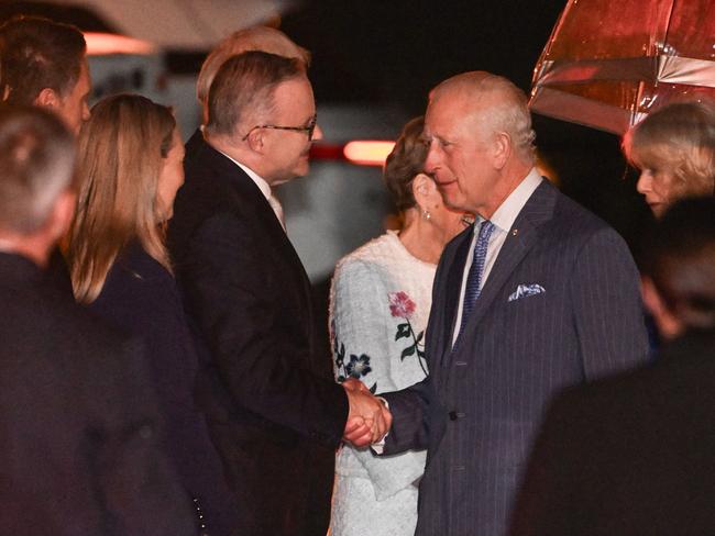 Australia’s Prime Minister Anthony Albanese welcomes King Charles. Picture: AFP