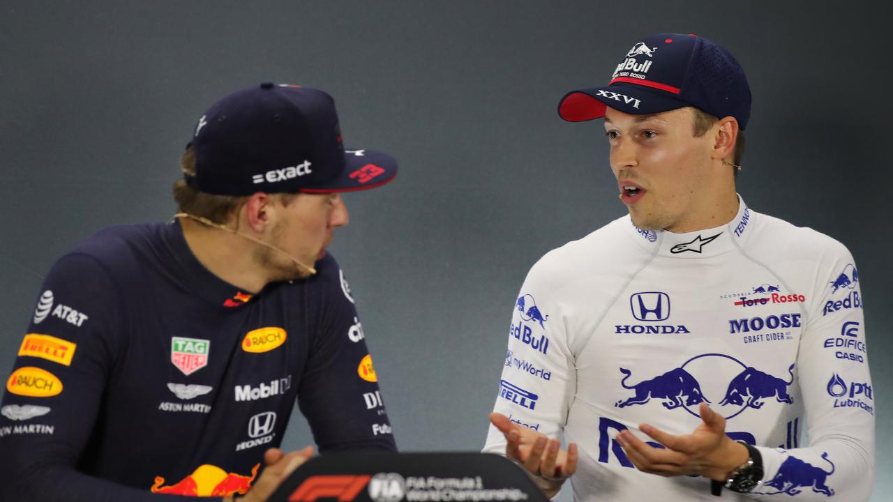 Race winner Max Verstappen third placed Daniil Kvyat at the press conference.