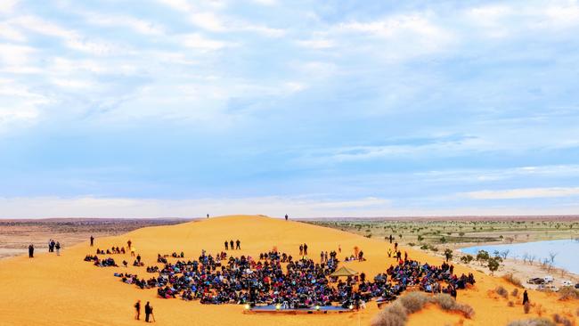 A crowd gathered atop the Big Red sand dune at the first Big Red Bash in 2013. Picture: Jason Malouin