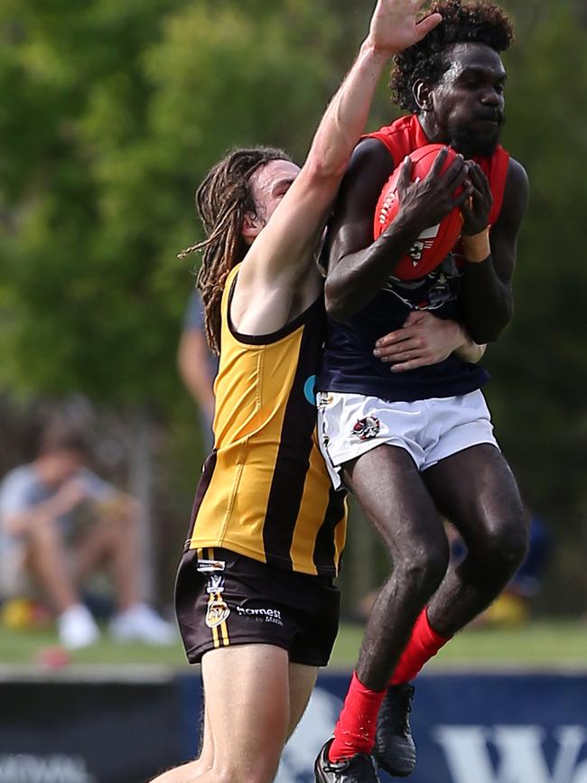 Will Nolan, left, playing for Wangaratta Rovers last year against Wodonga Raiders. Picture: Yuri Kouzmin