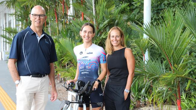 Cairns Airport chief executive Richard Barker, Cairns triathlete Nadine Hunt and IRONMAN Group Oceania Managing Director Michelle Pepper celebrate Cairns Airport's five year naming partnership deal with the popular Ironman Cairns triathlon event. Photo: Catherine Duffy.