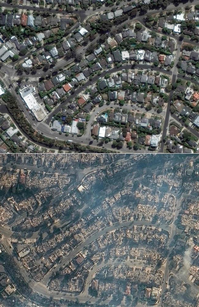 Satellite picture courtesy of Maxar Technologies shows homes in Pacific Palisades, a neighborhood of Los Angeles, California on October 20, 2024, before the Palisades fire., and (bottom) this handout satellite picture shows homes in Pacific Palisades, a neighborhood of Los Angeles, California on January 9. Picture: Maxar Technologies / AFP