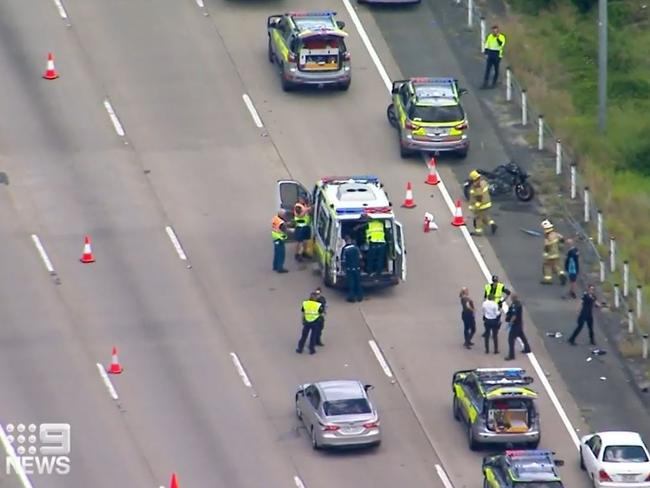 Scene of a fatal motorbike accident on the M1 at the Oxenford exit. Picture: Nine News.