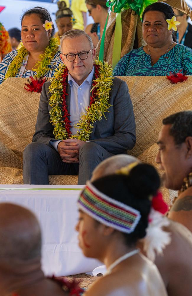 Prime Minister Anthony Albanese gets comfy in Satapuala Village, Samoa, during the CHOGM summit. Picture: PMO