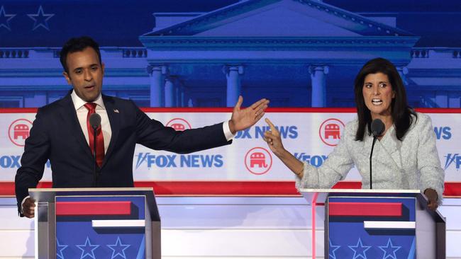 Vivek Ramaswamy and Nikki Haley clash in the first debate of the GOP primary season hosted by FOX News in Milwaukee on Wednesday night. Picture: AFP