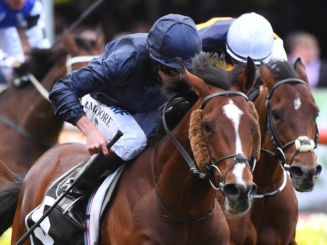 Jockey Ryan Moore riding Hunting Horn to victory in race 7, the Mccafe Moonee Valley Gold Cup, during Cox Plate Day at Moonee Valley Racecourse, Melbourne, Saturday, October 26, 2019. (AAP Image/Vince Caligiuri) NO ARCHIVING, EDITORIAL USE ONLY