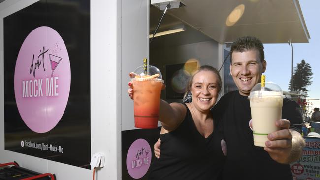 Husband and wife team Michael Cane and Liz Kahmann with their new mocktail van, pictured at Christie's Beach Twilight Markets. Picture: Naomi Jellicoe