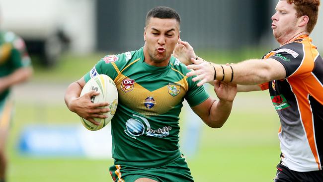 Wyong Roos player Kauri Aupouri in action, versus The Entrance Tigers, Central Coast Rugby League first grade game, at Morrie Breen Oval, Kanwal. Picture: Peter Clark