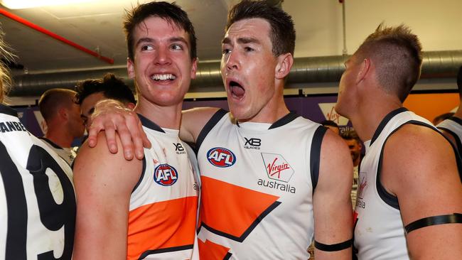 Jeremy Cameron enjoys GWS Giants’ semi-final win with Sam Taylor. Picture: Michael Willson/AFL Photos via Getty Images.