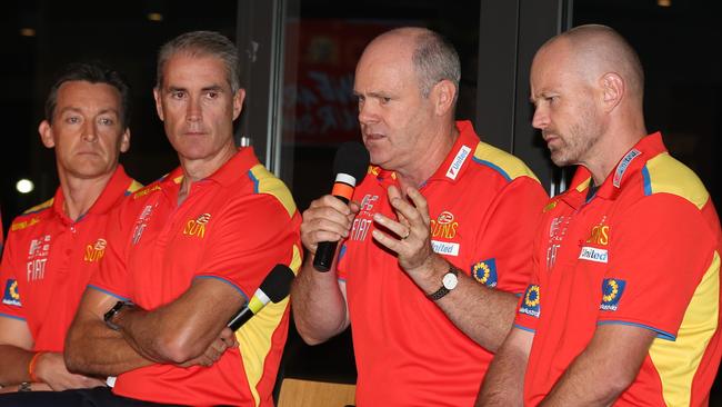 Coach Rodney Eade addresses members’ concerns flanked by CEO Andrew Travis (left), football manager Marcus Ashcroft and high performance manager Justin Cordy (right). Picture: Regi Varghese
