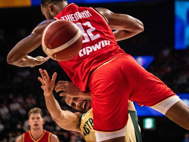 A typical Xavier Cooks photo – the versatile big man is the Boomers’ Swiss Army knife. Picture: AFP