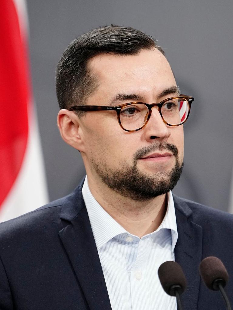 Greenlandic Prime Minister Mute Bourup Egede addresses a press conference in the Mirror Hall at the Prime Minister's Office. Picture: AFP.