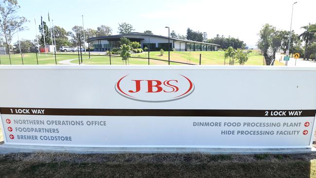 The entrance to the JBS Australia's Dinmore meatworks facility, west of Brisbane. The facility is one of four Australian abattoirs banned by China in an apparent escalation of Beijing's trade war. Picture: AAP Image/Dan Peled