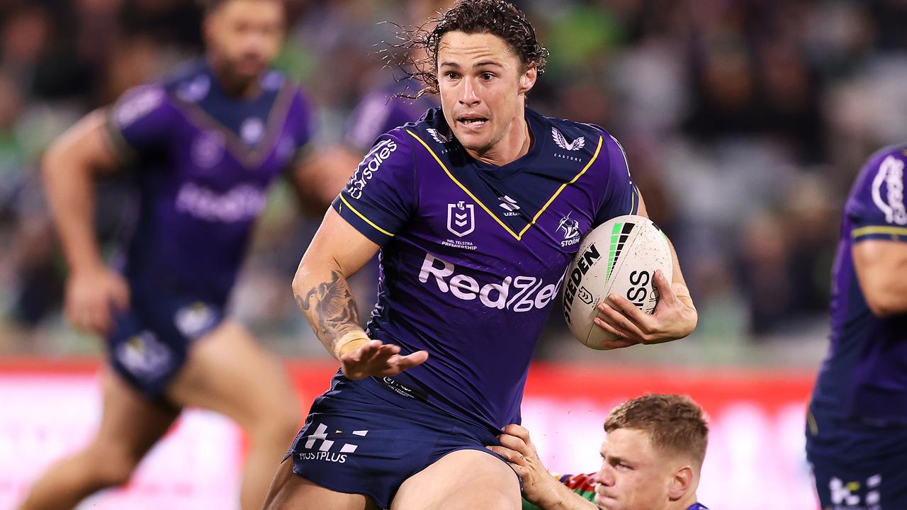 CANBERRA, AUSTRALIA - MAY 22: Nicho Hynes of the Storm makes a break during the round 11 NRL match between the Canberra Raiders and the Melbourne Storm at GIO Stadium, on May 22, 2021, in Canberra, Australia. (Photo by Mark Kolbe/Getty Images)