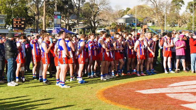 West Gippsland league grand final match 2024 — Phillip Island Bulldogs V Nar Nar Goon "The Goon" Football Club at Garfield Recreation Reserve on September 14, 2024: Phillip Island Bulldogs at the end of the game. Picture: Jack Colantuono