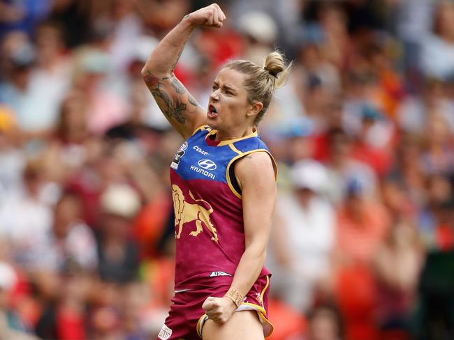 GOLD COAST, AUSTRALIA - MARCH 25: Jessica Wuetschner of the Lions celebrates a goal during the 2017 AFLW Grand Final match between the Brisbane Lions and the Adelaide Crows at Metricon Stadium on March 25, 2017 in Gold Coast, Australia. (Photo by Michael Willson/AFL Media/Getty Images)