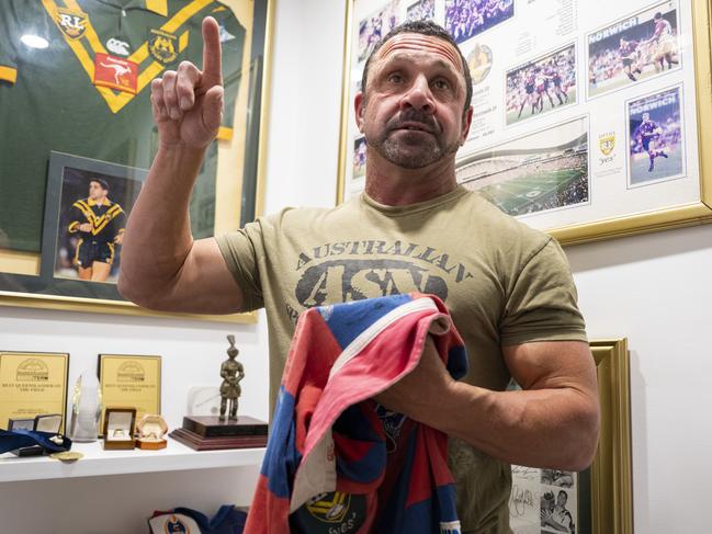 NEWCASTLE, AUSTRALIA. JUNE 9, 2023: Robbie O'Davis in his memorabilia room at home in Newcastle. Picture: Martin Ollman / The Australian