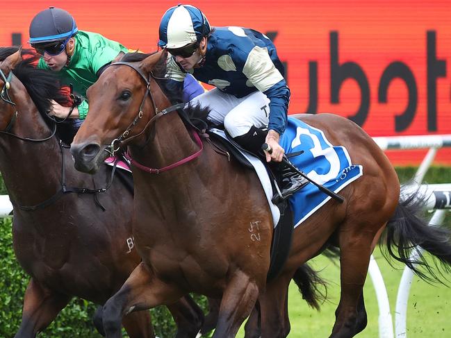 SYDNEY, AUSTRALIA - DECEMBER 09: Tyler Schiller riding Odinson wins Race 5 Inglis Nursery during "The Ingham Charity Raceday" - Sydney Racing at Royal Randwick Racecourse on December 09, 2023 in Sydney, Australia. (Photo by Jeremy Ng/Getty Images)