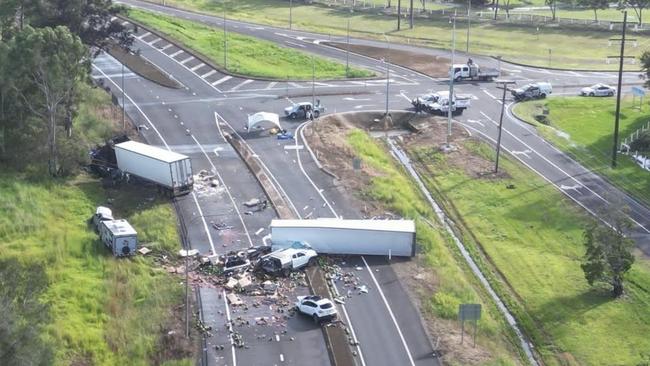 An aerial view of the site of a triple fatal on the Bruce Highway in Maryborough.