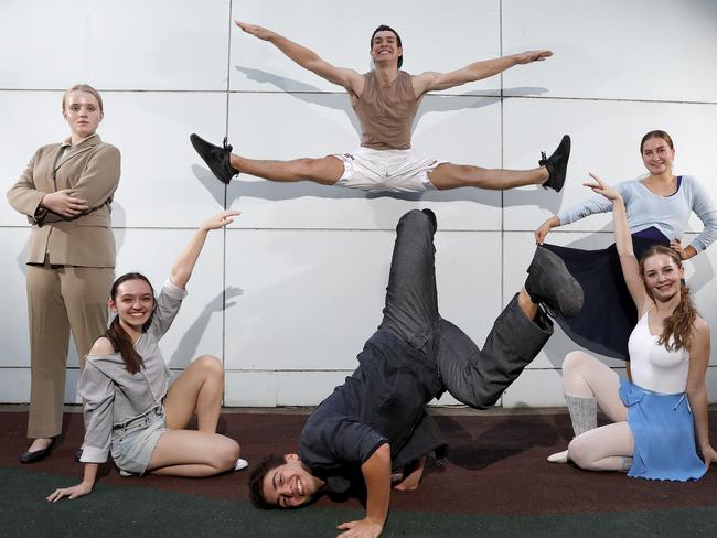 Year 12 students from McDonald College in Strathfield rehearse for their roles in the musical Fame, the first time back performing live since Covid-19 cancelled all productions last year. L-R Emily Skipper, Tamsyn Willey, Sam Austin (jumping), Justin Sacco, Jasmine Argyropoulos and Grace Jones. Picture: Toby Zerna