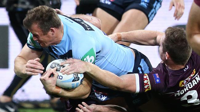 Veteran centre Josh Morris crashes over to score NSW’s first try on Wednesday night. Picture: Getty Images