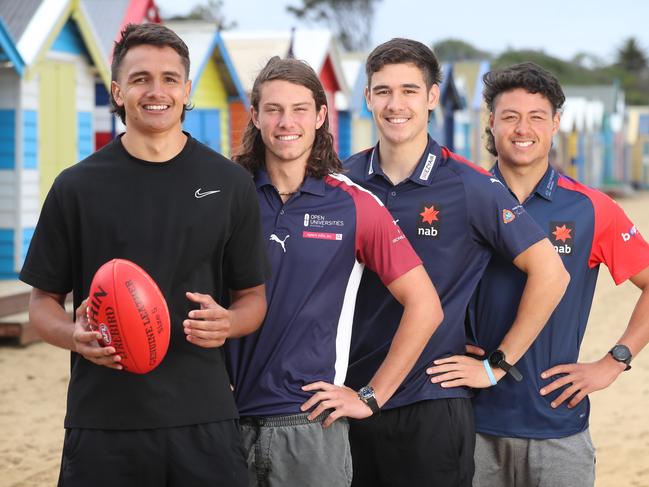 2020 AFL draft kids Jamarra Ugle-Hagan  Reef McInnes, Archie Perkins and Connor Downie at Brighton Beach in Melbourne.  Picture: Alex Coppel.