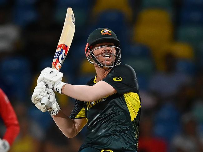 BRIDGETOWN, BARBADOS - JUNE 05: David Warner of Australia bats during the ICC Men's T20 Cricket World Cup West Indies & USA 2024 match between Australia  and Oman at  Kensington Oval on June 05, 2024 in Bridgetown, Barbados. (Photo by Gareth Copley/Getty Images)