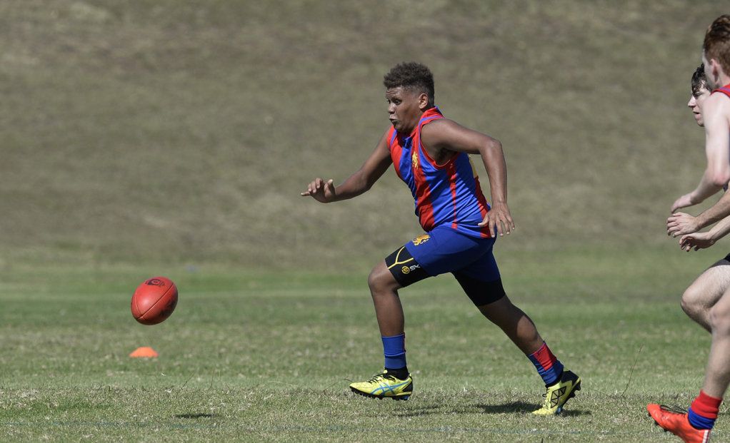 Doug Collins for Downlands College against Our Lady of the Southern Cross College in AFL Queensland Schools Cup Darling Downs round at Captain Cook ovals, Friday, April 27, 2018. Picture: Kevin Farmer