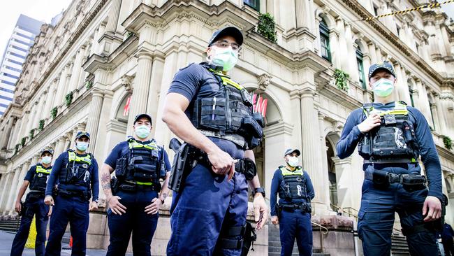 PSOs are conducting roving police patrols in Melbourne’s now-deserted CBD. Picture: Nicole Cleary