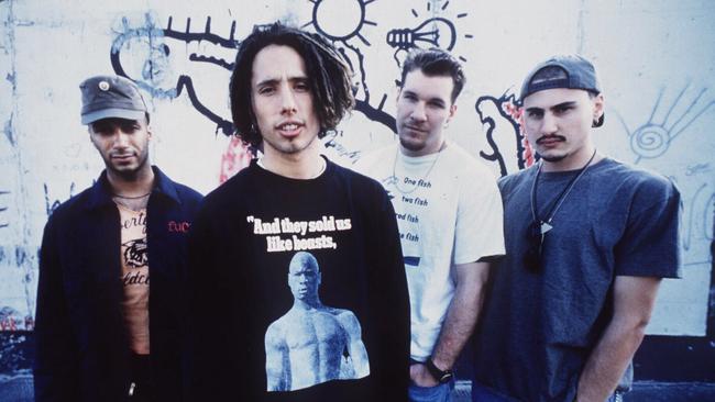 Tom Morello (left) with his Rage Against The Machine bandmates in the 1990s. Picture: archive