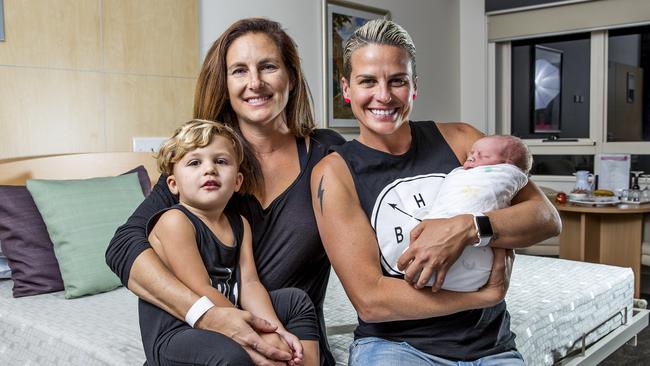 Former Ironwowan Hayley Bateup and partner April Zekulich celebrate the birth of their second child Banks Archie Bateup, pictured with their first child Baxter Bateup, 2. Picture: Jerad Williams