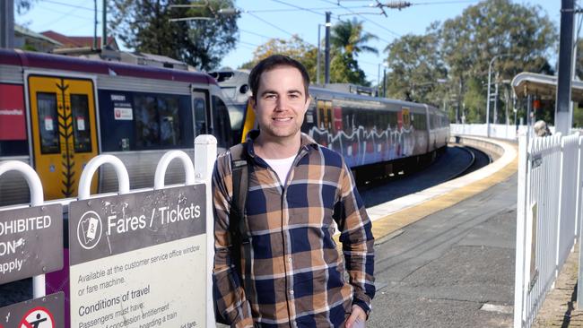 Lachlan Harris, potentially be saving north of $3,000 per year by opting for the 50c fares instead of driving to work, Gaythorne Station, Thursday 1st July - Photo Steve Pohlner