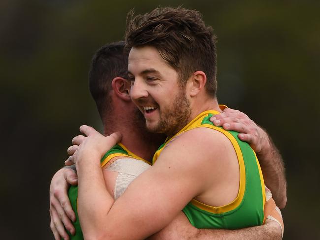 Jack Callahan of Bayswater reacts after a goal during the EFL match at Walker Park in Nunawading, Melbourne, Saturday, August 4, 2018. Mitcham v Bayswater. (AAP Image/James Ross) NO ARCHIVING