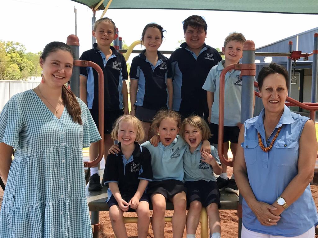 St Finbarr's Quilpie prep students Camilla, Bailey, Indie, Hannah, Mason, Charlie, Walter with teacher Mrs Hennessy and teacher Aid Miss Janell.