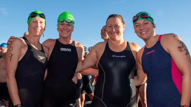 Joanne Sutcliffe, Sharon Beaver, Rachael Cooper and Lotti Fox at the 2024 Masters Swimming Australia National Championships open swim event in Darwin. Picture: Pema Tamang Pakhrin