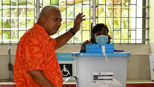 Frank Bainimarama after casting his vote in Suva on Wednesday. He is facing a stern test to retain his position as Fijian Prime Minister.