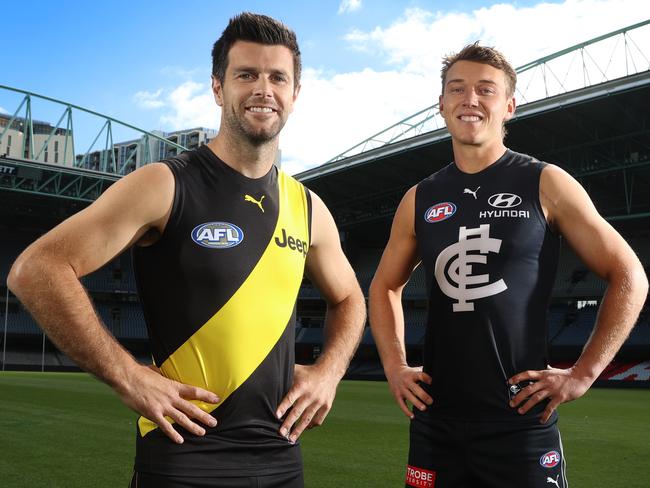 AFL Captains Day at Marvel Stadium, Melbourne.  10/03/2021.  Richmond skipper Trent Cotchin and Carlton captain Patrick Cripps before facing off in the season opener at the MCG    . Pic: Michael Klein