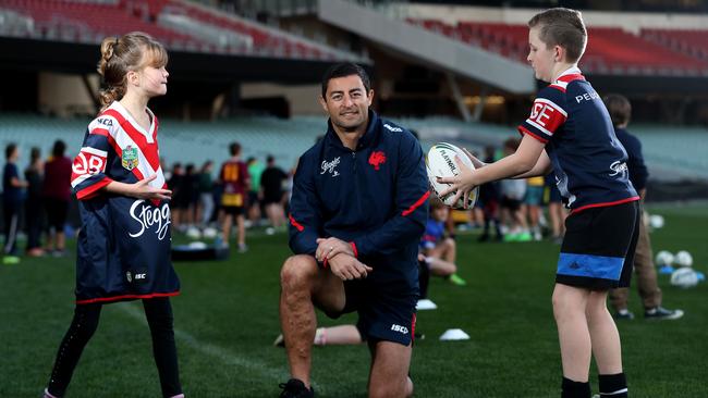 30/05/17 Sydney Roosters player Anthony Minichiello with kids Mikalya Gowers and Jamie Bell at a rugby league coaching clinic at the Adelaide Oval. photo Calum Robertson