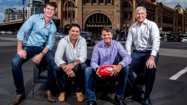 Fox Footy's new On The Couch panel sitting on a couch across from Flinders St Station. L to R Jonathan Brown, Garry Lyon, Paul Roos and Gerard Healy. Picture: Tim Carrafa