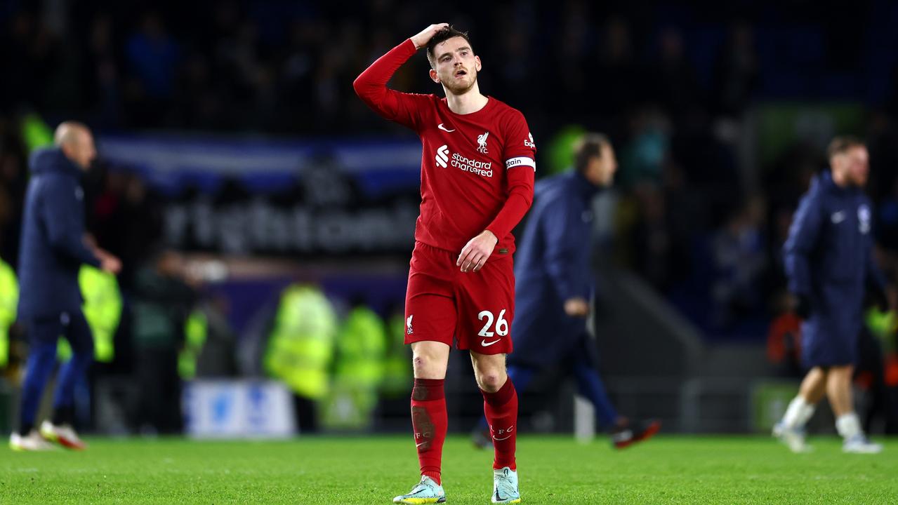 Andrew Robertson of Liverpool looks dejected following the team's loss to Brighton. Picture: Bryn Lennon