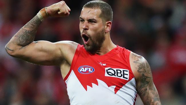 Lance Franklin celebrates kicking a goal against the Giants. Picture: Phil Hillyard