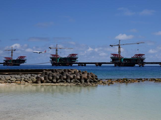 The under-construction China Maldives Friendship Bridge is pictured near the city of Male. The international community has censured Maldives President Abdulla Yameen for imposing a state of emergency. Picture: AFP