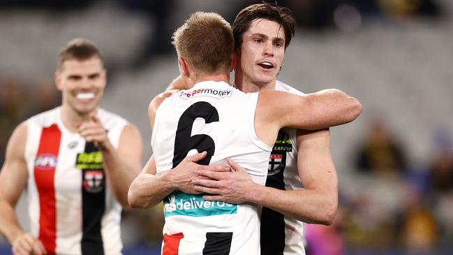 Jack Steele and Seb Ross celebrate a late goal against the Tigers. Picture: Michael Klein