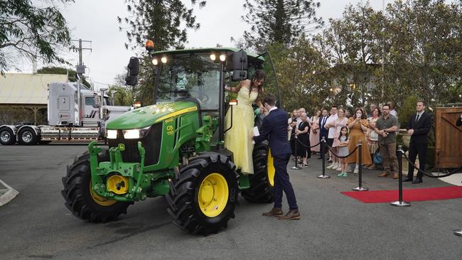 Students arriving in style for the 2024 Glasshouse Christian College formal at Flaxton Gardens.