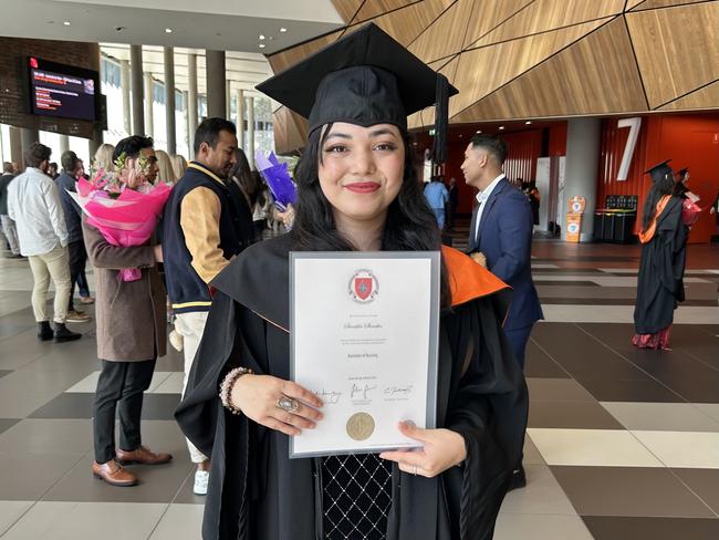 Swostika Shrestha graduates from Australian Catholic University with a Bachelor of Nursing on April 16, 2024. Picture: Brittany Busch