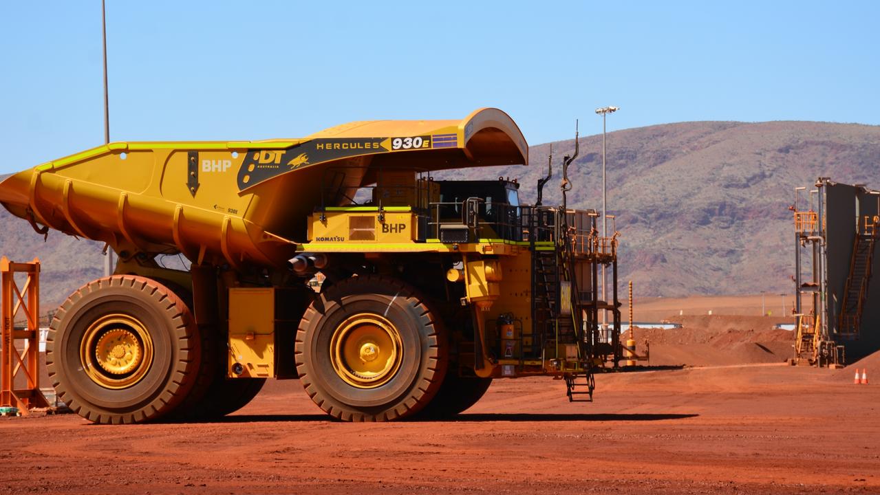 BHP began production at its $US3.6bn ($A4.98bn) South Flank iron ore mine, 56km northwest of Newman in Western Australia’s Pilbara region, in late May. Picture: Rebecca Le May