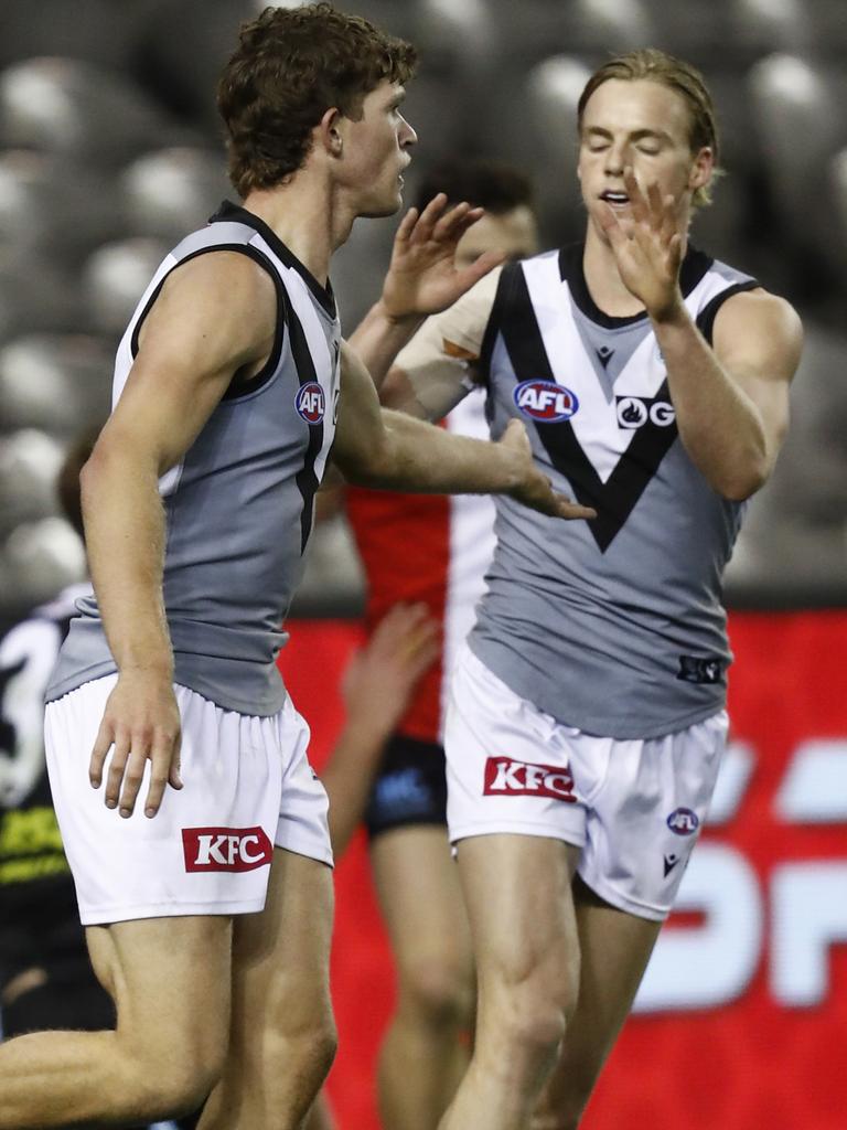 Georgiades is congratulated after kicking a major at Marvel Stadium. Picture: Getty Images