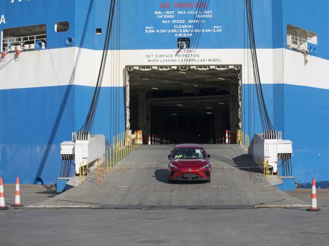 Australia, which has no tarriffs on Chinese EVs, remains an attractive market for the major players like MG and BYD. Pictured above is an MG car being offloaded at an Australian port. Picture: Brent Lewin/ Bloomberg