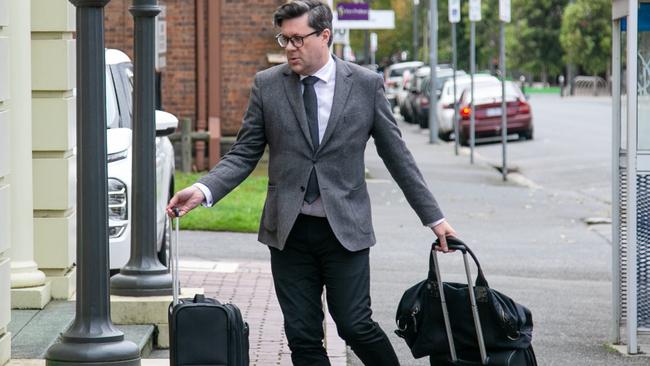 Defense lawyer Patrick O'Halloran arrives at the Supreme Court of Tasmania in Launceston for the trial of Cedric Harper Jordan and Noelene June Jordan in relation to the murder of Shane Barker in 2009 at Campbell Town. Picture: Patrick Gee