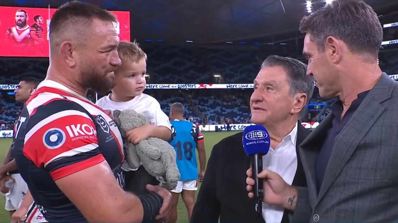 Nick Politis crashed Jared Waerea-Hargreaves' interview. Pic: Nine